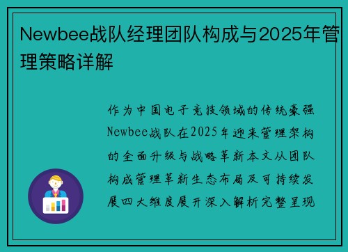 Newbee战队经理团队构成与2025年管理策略详解