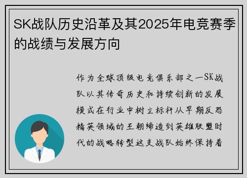 SK战队历史沿革及其2025年电竞赛季的战绩与发展方向